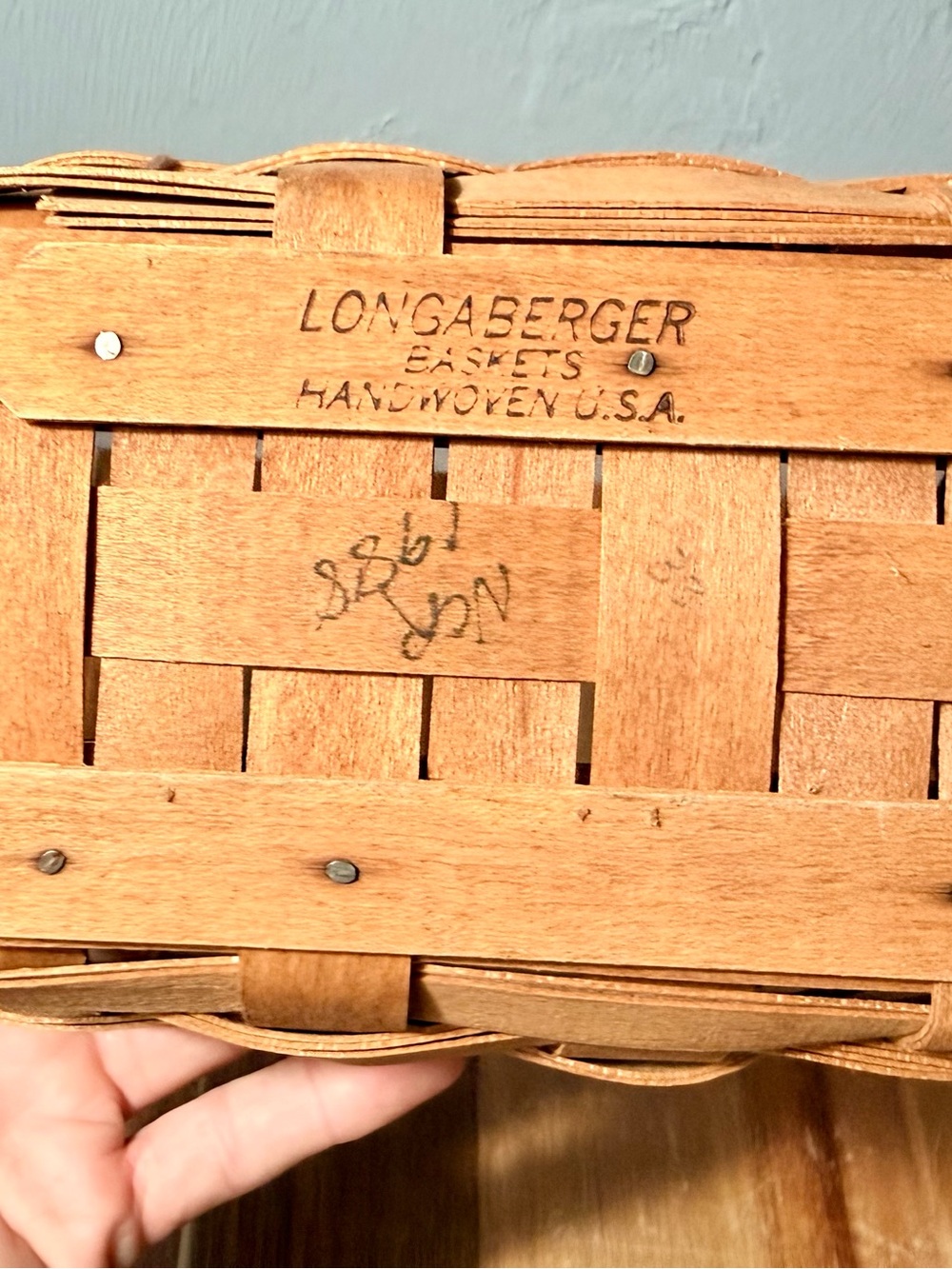 Vintage Longaberger Small Market Basket | Handwoven Wood, Leather Handles - Picture 11 of 12